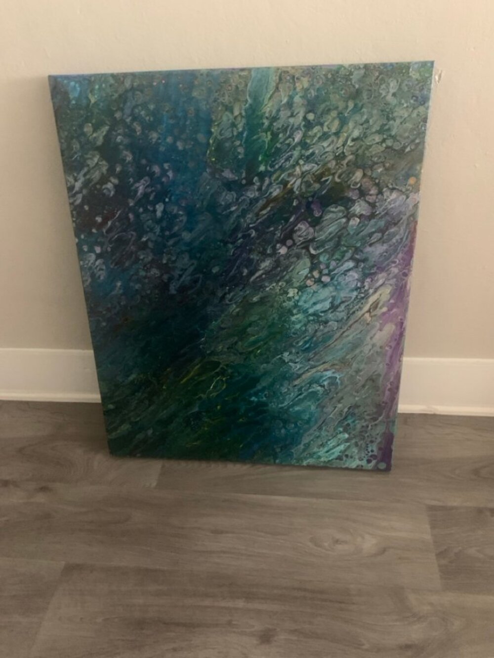 Original Abstract Acrylic Pour Painting 30x24 Teal Blue